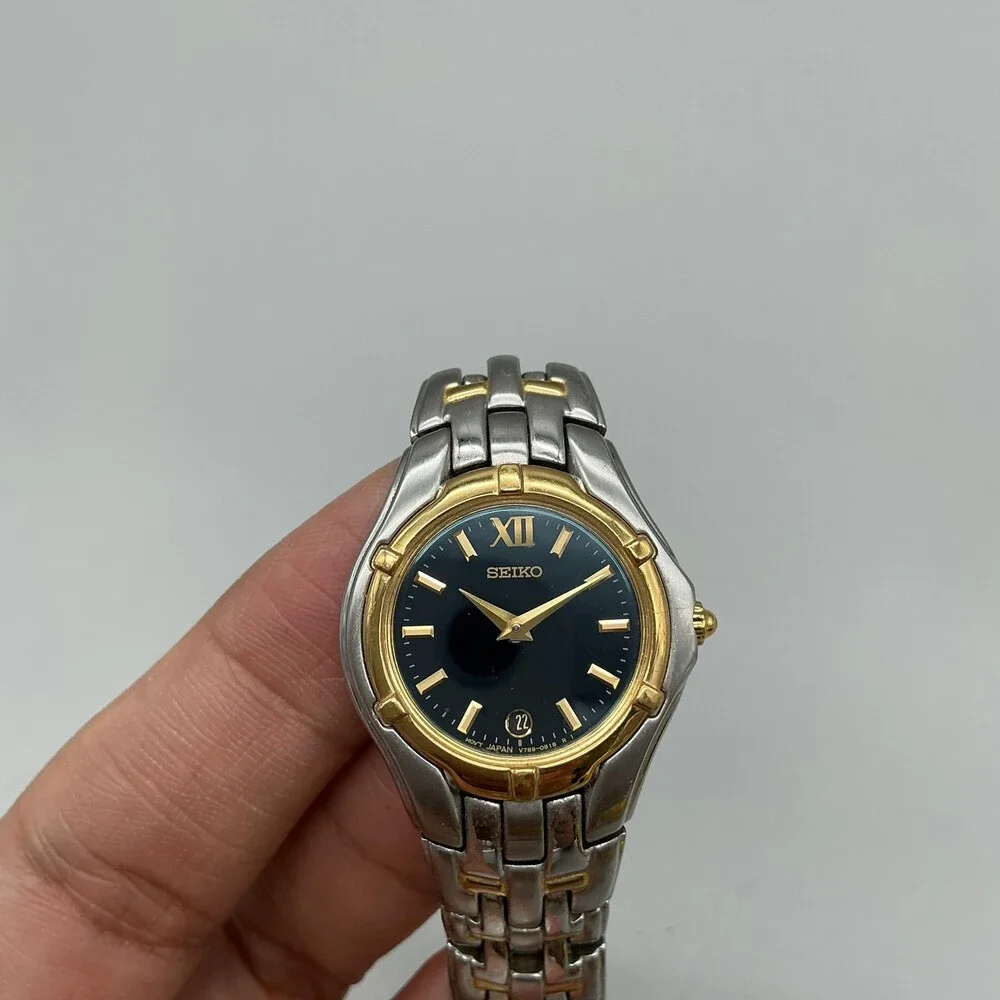Seiko Womens Watch 26mm Black Dial Two Tone Stainless V789-0369 New Battery 7